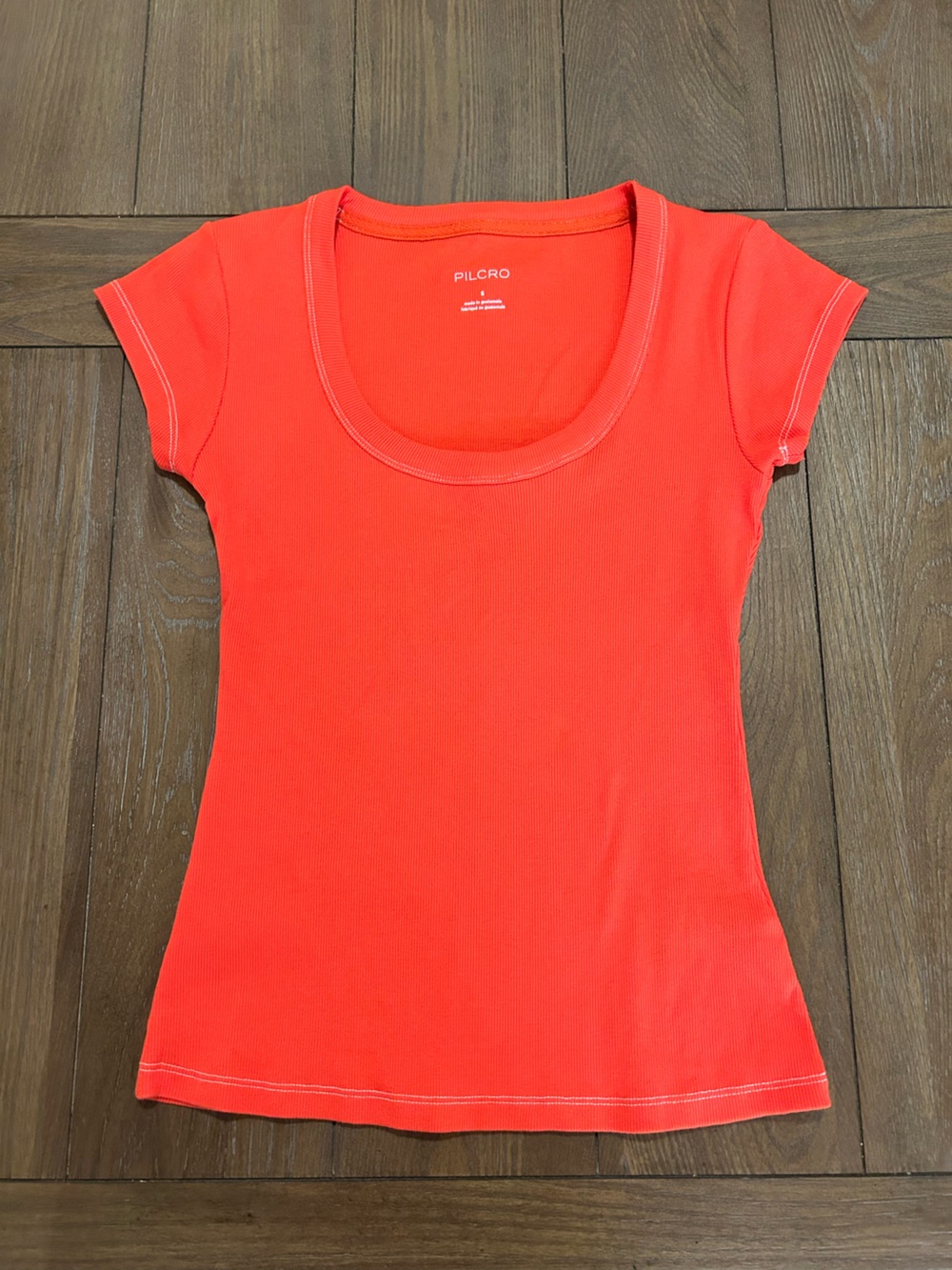 Pilcro Short-Sleeve Scoop Neck Tee in Bright Coral/Orange